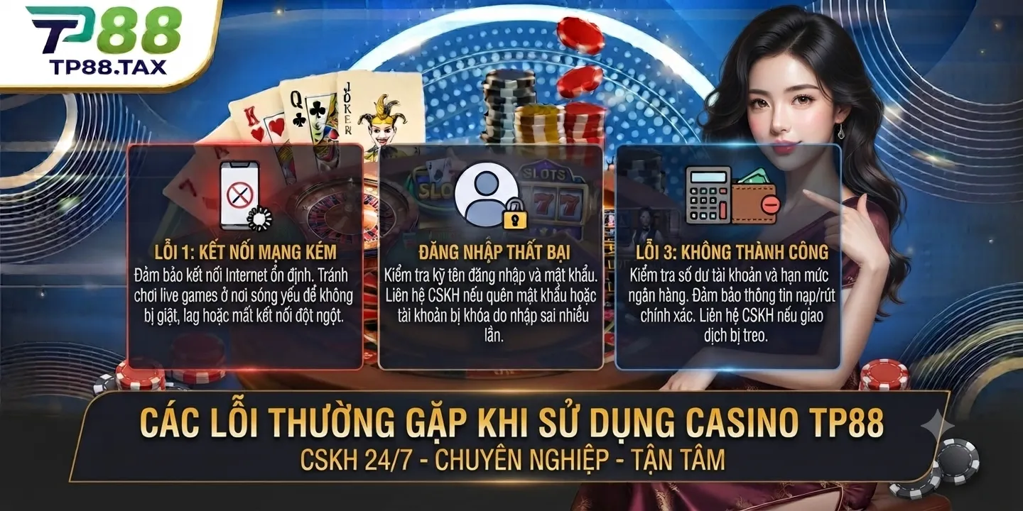 Casino TP88 – Sảnh Chơi, Cách Truy Cập Và Lưu Ý Sử Dụng 2 Các lỗi thường gặp khi sử dụng Casino TP88